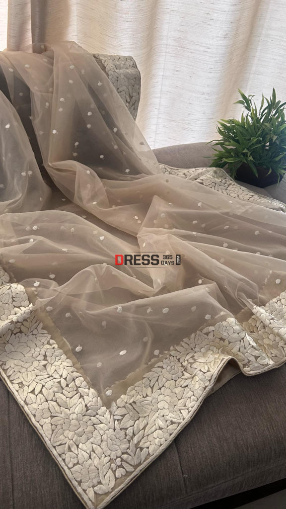 Beige Organza Parsi Gara Hand Embroidered Dupatta Parsi Gara Dupatta