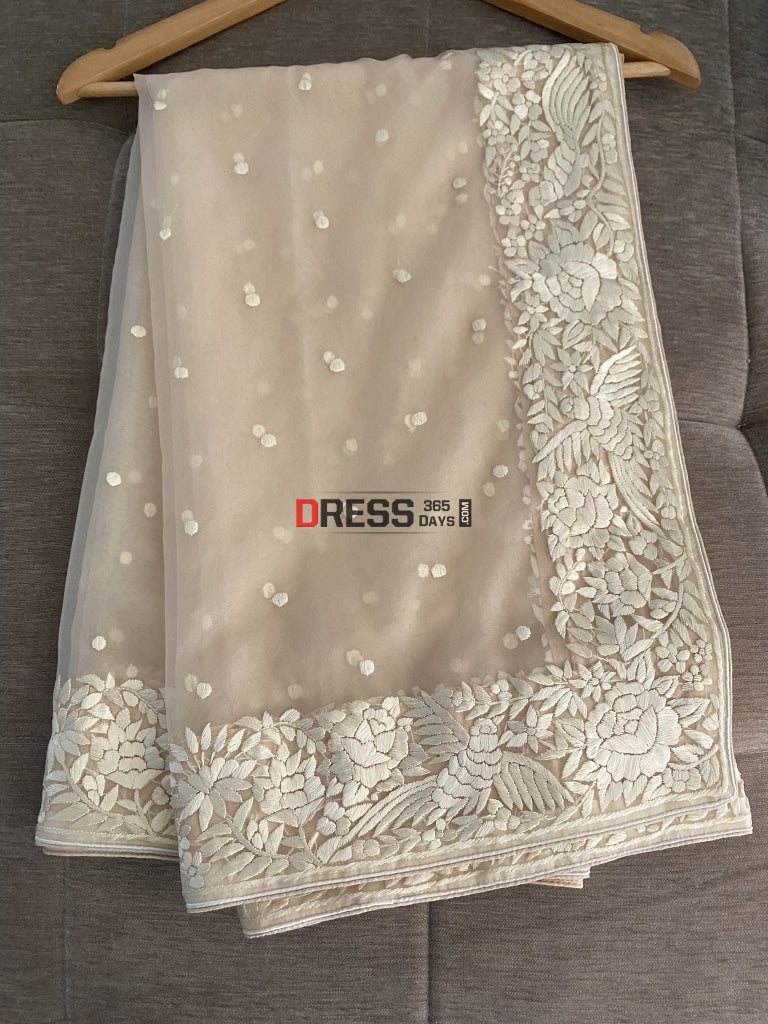 Beige Organza Parsi Gara Hand Embroidered Dupatta