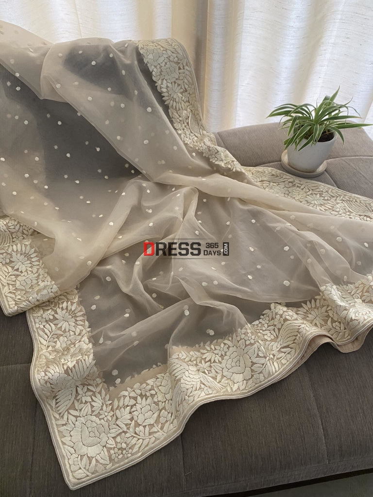 Beige Organza Parsi Gara Hand Embroidered Dupatta