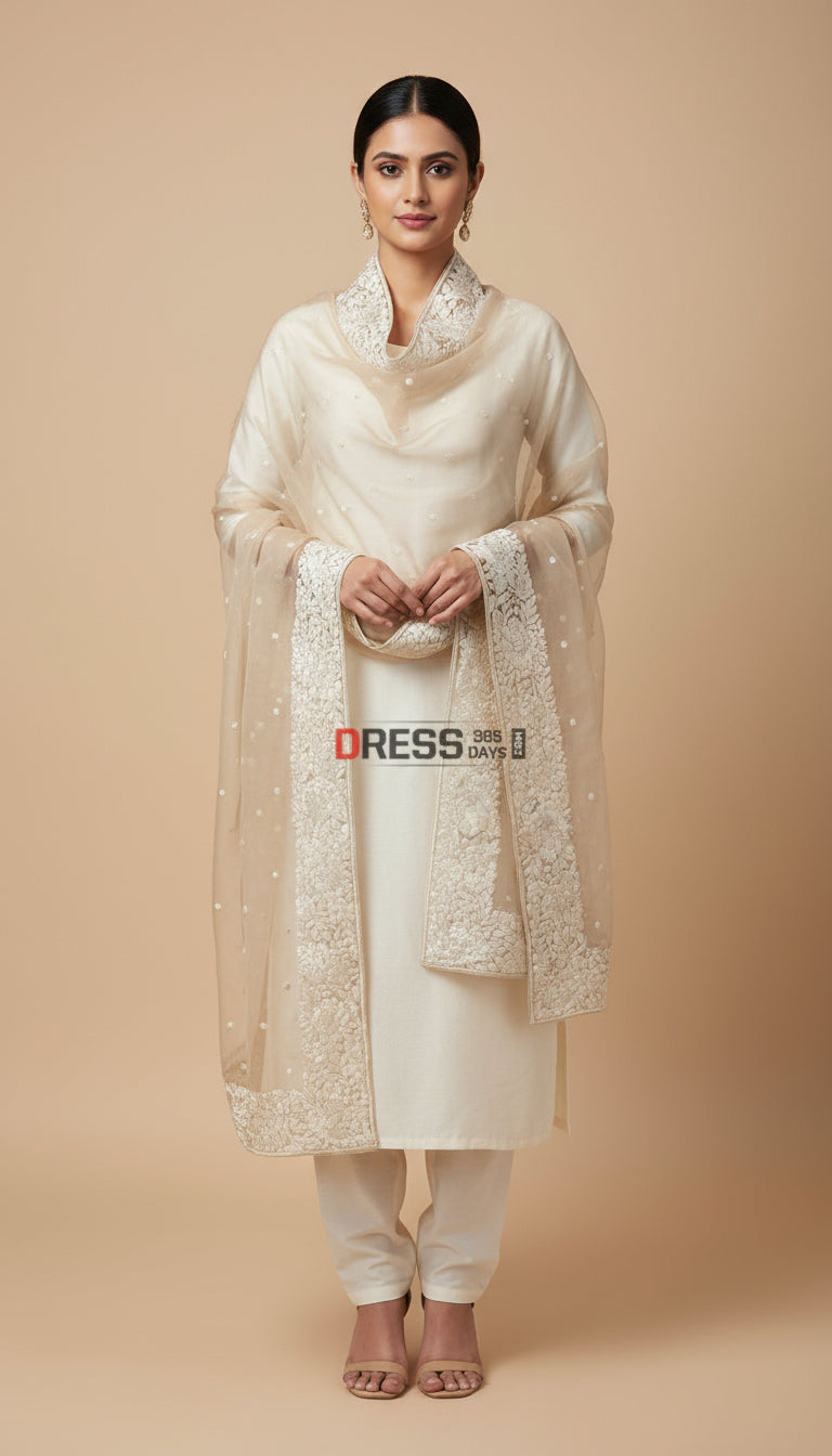 Beige Organza Parsi Gara Hand Embroidered Dupatta