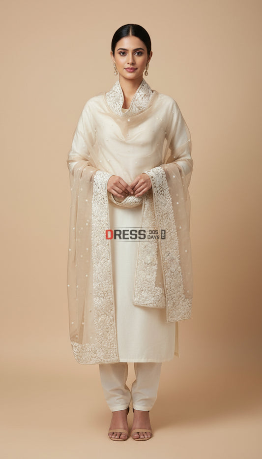 Beige Organza Parsi Gara Hand Embroidered Dupatta