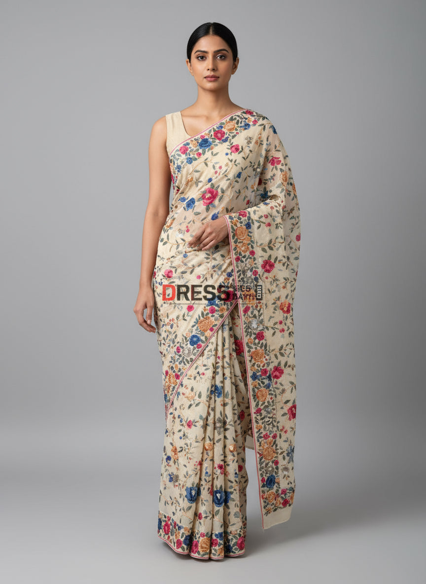 Pre Order Beige Parsi Gara Saree with Multicolour Embroidery