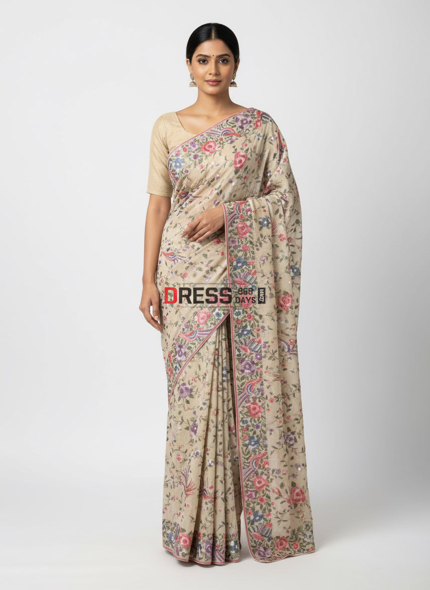 Pre Order Beige Parsi Gara Saree with Multicolour Embroidery- Crepe Silk
