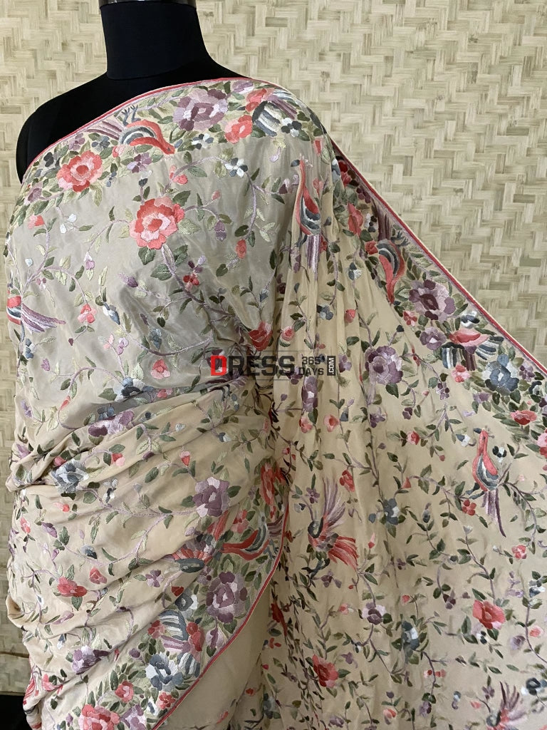 Beige Parsi Gara Saree With Multicolour Embroidery- Crepe Silk