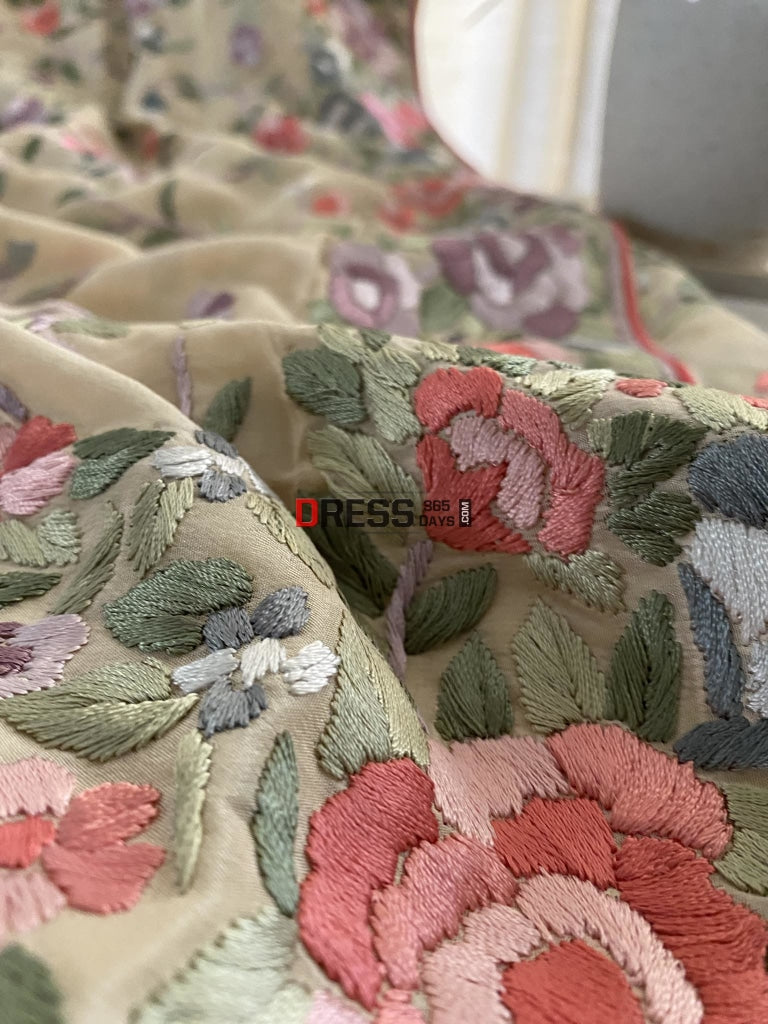 Beige Parsi Gara Saree With Multicolour Embroidery- Crepe Silk