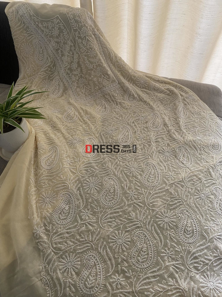 Beige Lucknowi Chikankari Embroidered Bridesmaid Anarkali Suit