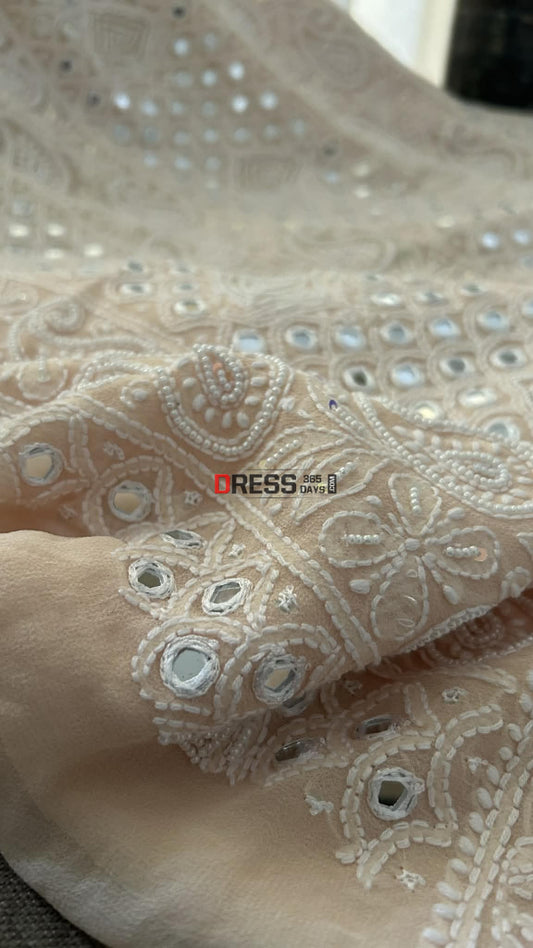 Beige Pearl & Mirror Chikankari Suit (Kurta& Dupatta) Chikankari Suits