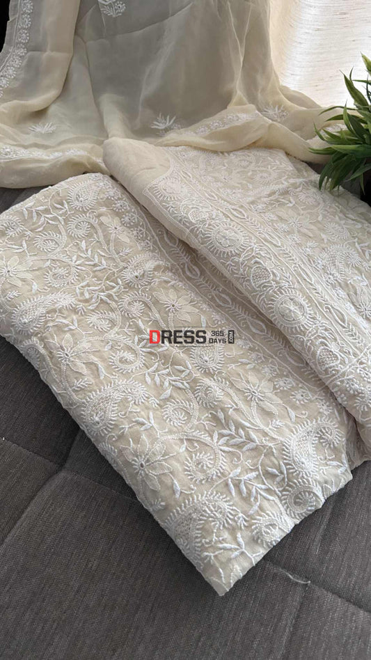 Beige Super Fine Front Back Embroidered Chikankari Hand Jaali Suit Chikankari Suits