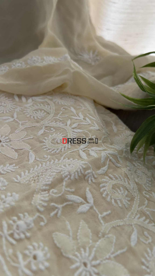 Beige Super Fine Front Back Embroidered Chikankari Hand Jaali Suit Chikankari Suits