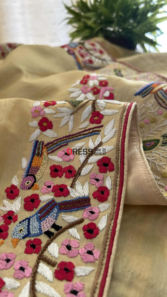 Beige Tussar Silk Parsi Gara Saree Parsi Gara Saree