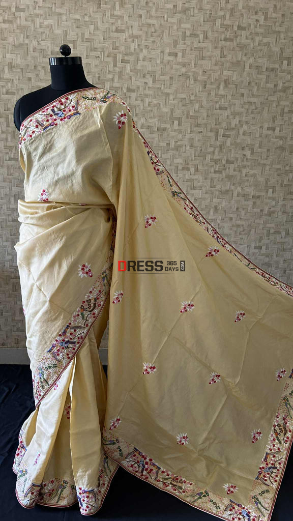 Beige Tussar Silk Parsi Gara Saree Parsi Gara Saree