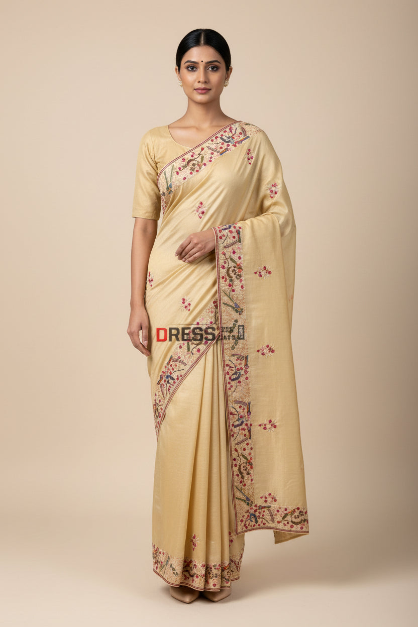Beige Tussar Silk Parsi Gara Saree