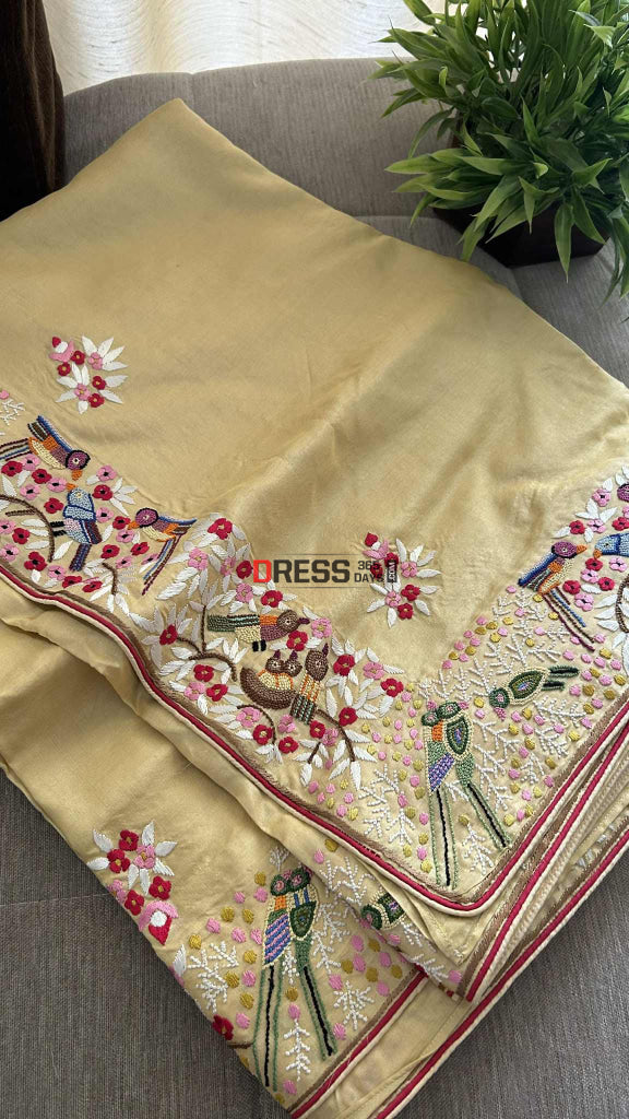 Beige Tussar Silk Parsi Gara Saree Parsi Gara Saree