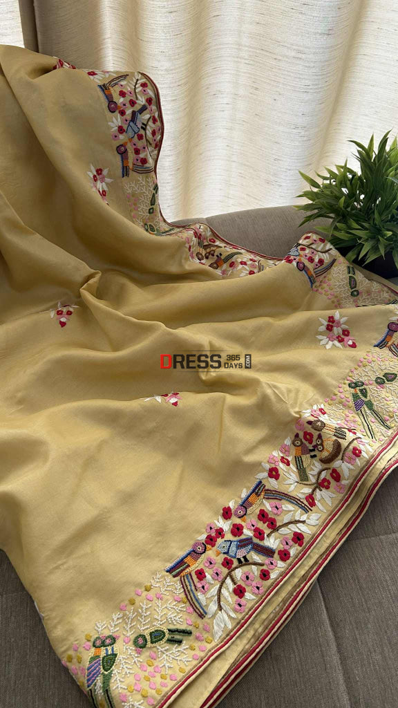Beige Tussar Silk Parsi Gara Saree Parsi Gara Saree
