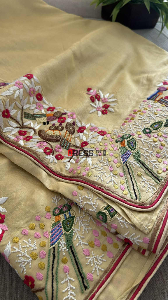 Beige Tussar Silk Parsi Gara Saree Parsi Gara Saree