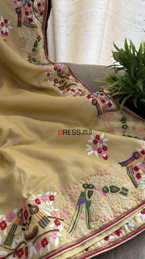 Beige Tussar Silk Parsi Gara Saree Parsi Gara Saree