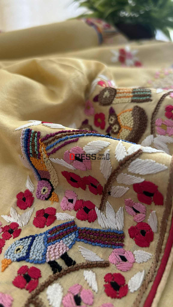 Beige Tussar Silk Parsi Gara Saree Parsi Gara Saree