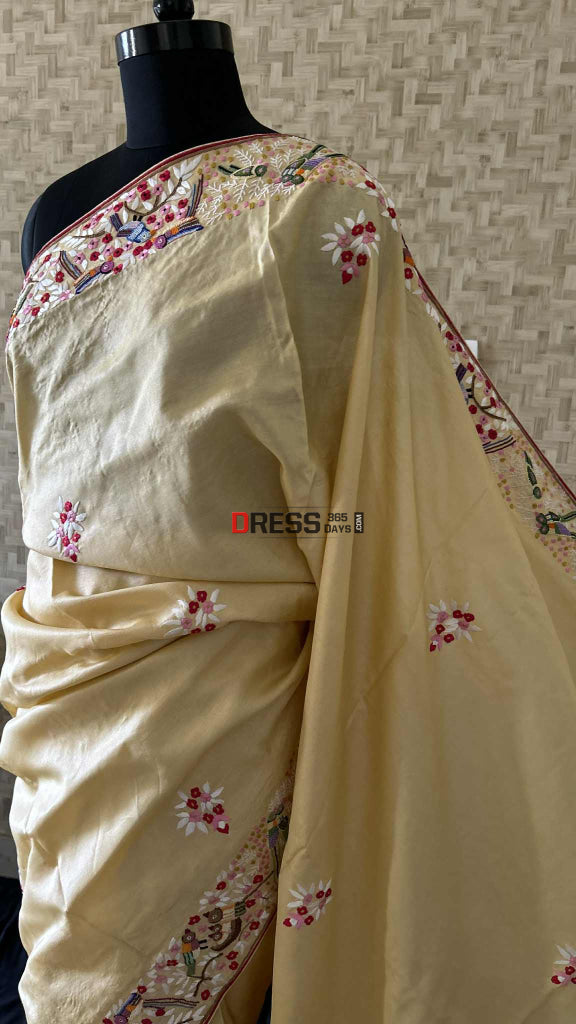 Beige Tussar Silk Parsi Gara Saree Parsi Gara Saree
