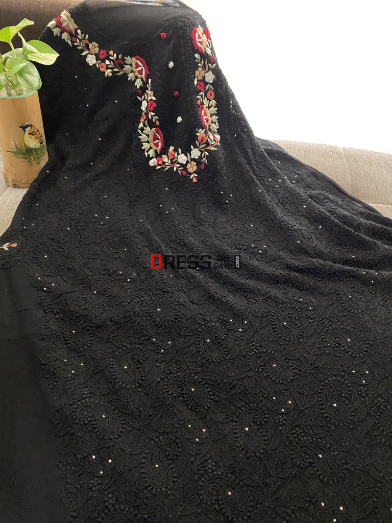 Black Chikankari Suit With Mukaish And Parsi Gara Neckline Suits