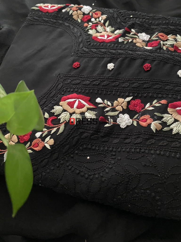 Black Chikankari Suit With Mukaish And Parsi Gara Neckline Suits