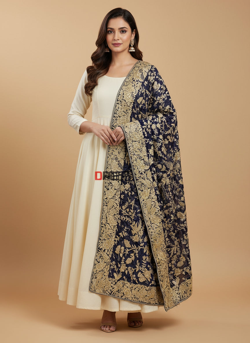 Heirloom Navy Parsi Gara Hand Embroidered Dupatta