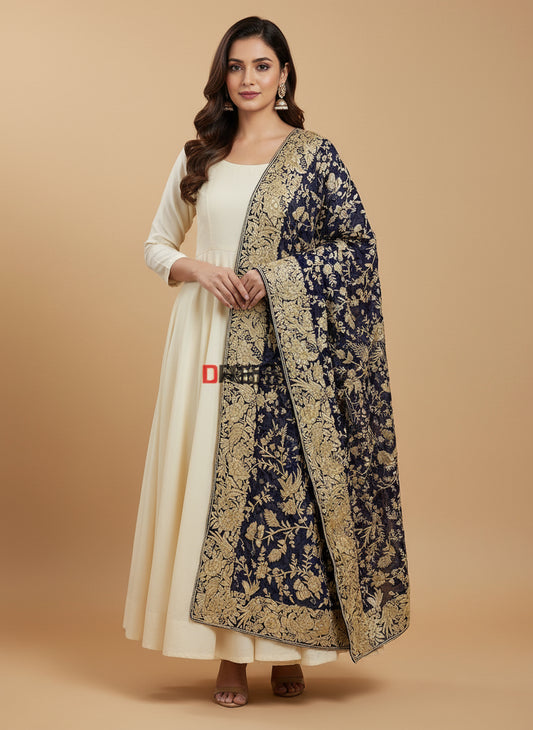 Heirloom Navy Parsi Gara Hand Embroidered Dupatta