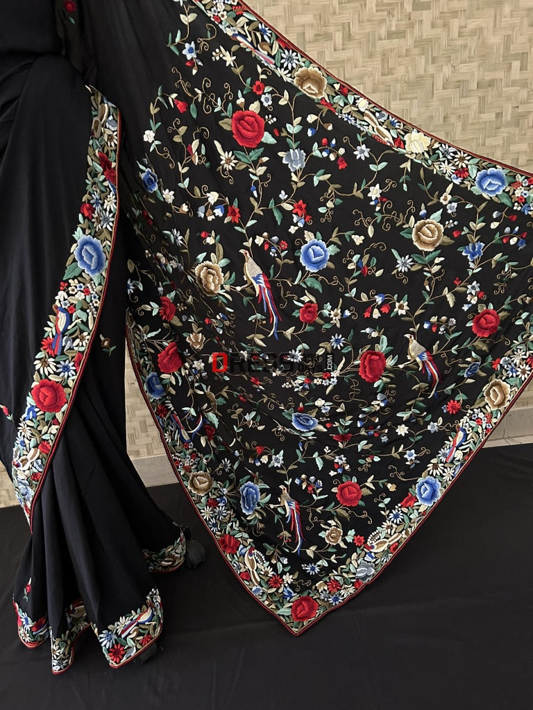 Black Fine Parsi Gara Hand Embroidered Saree