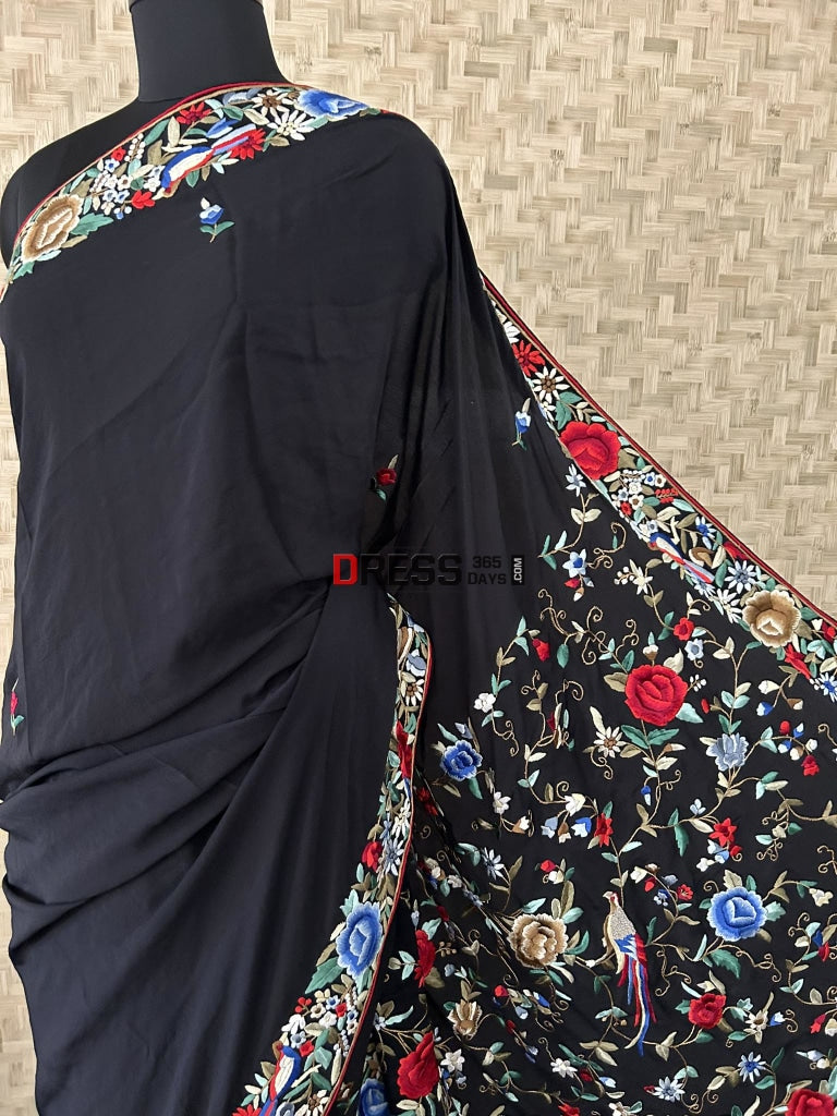 Black Fine Parsi Gara Hand Embroidered Saree