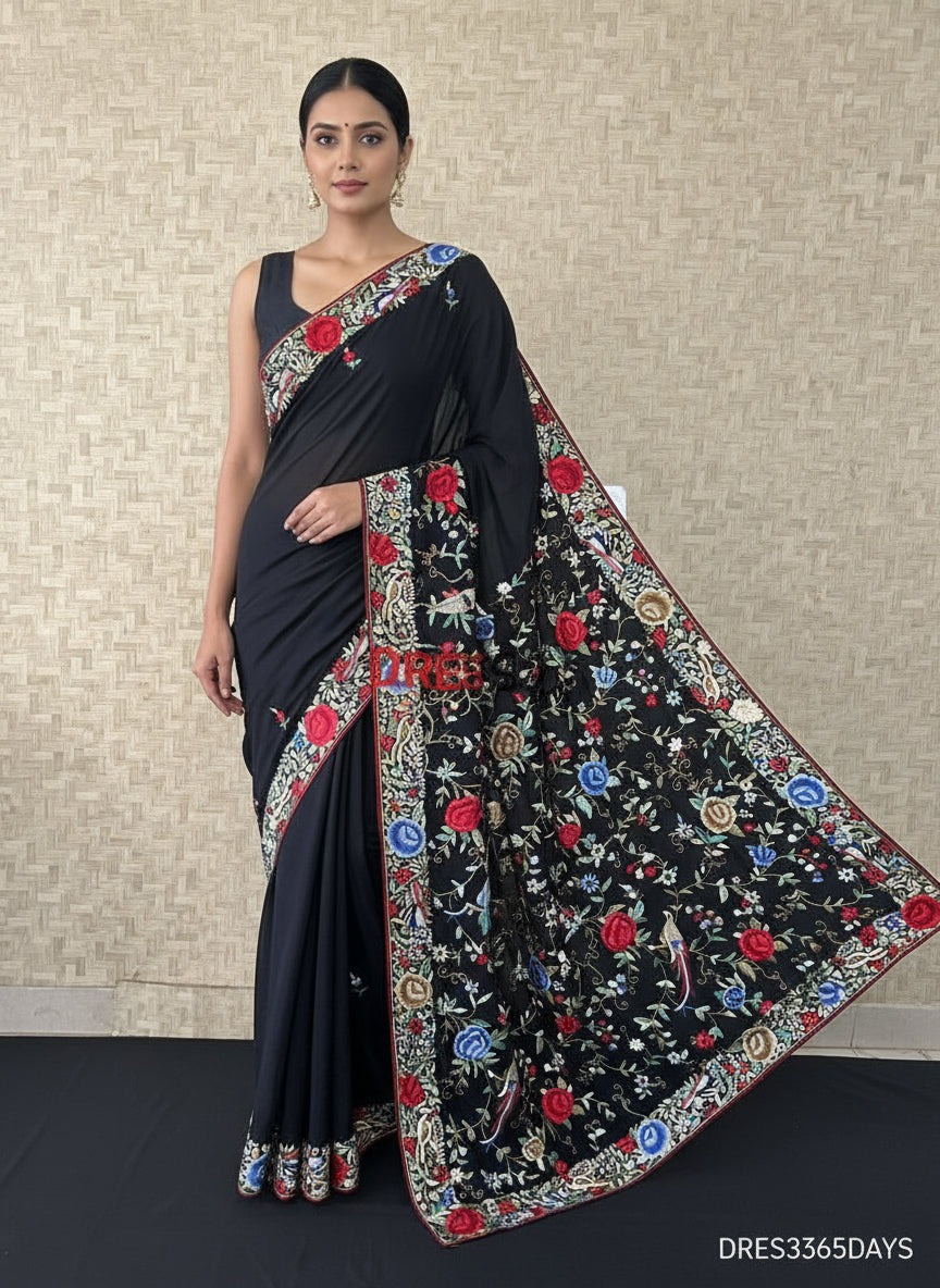 Pre Order Black Fine Parsi Gara Hand Embroidered Saree