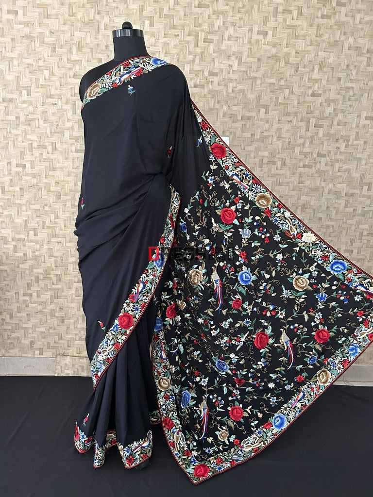 Black Fine Parsi Gara Hand Embroidered Saree