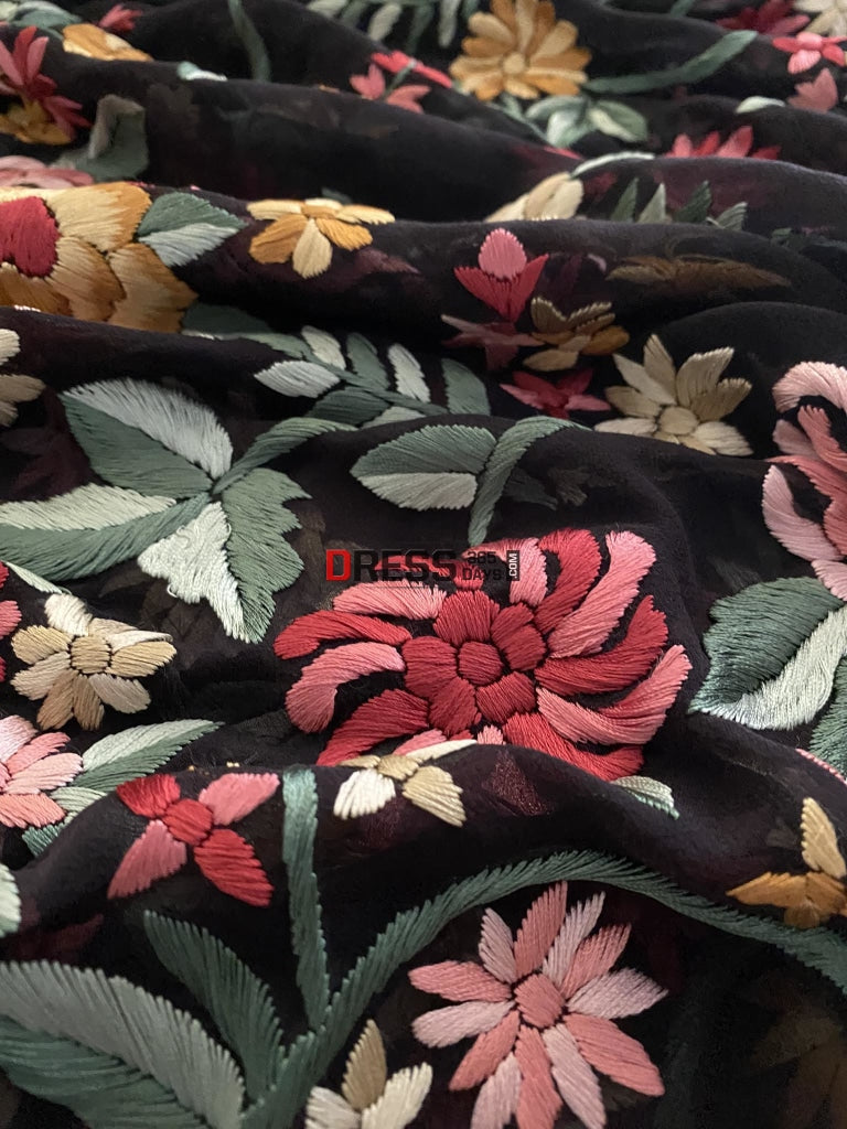 Black Floral Multicolour Parsi Gara Dupatta