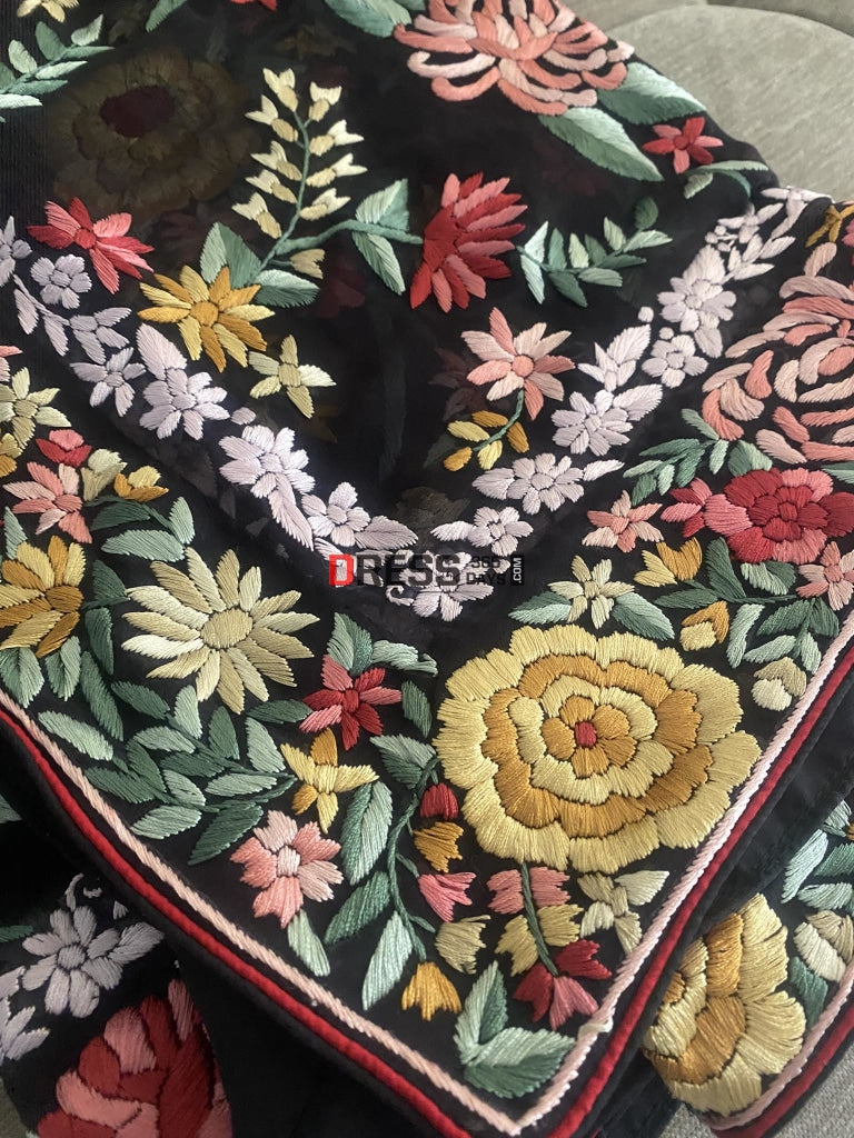 Black Floral Multicolour Parsi Gara Dupatta