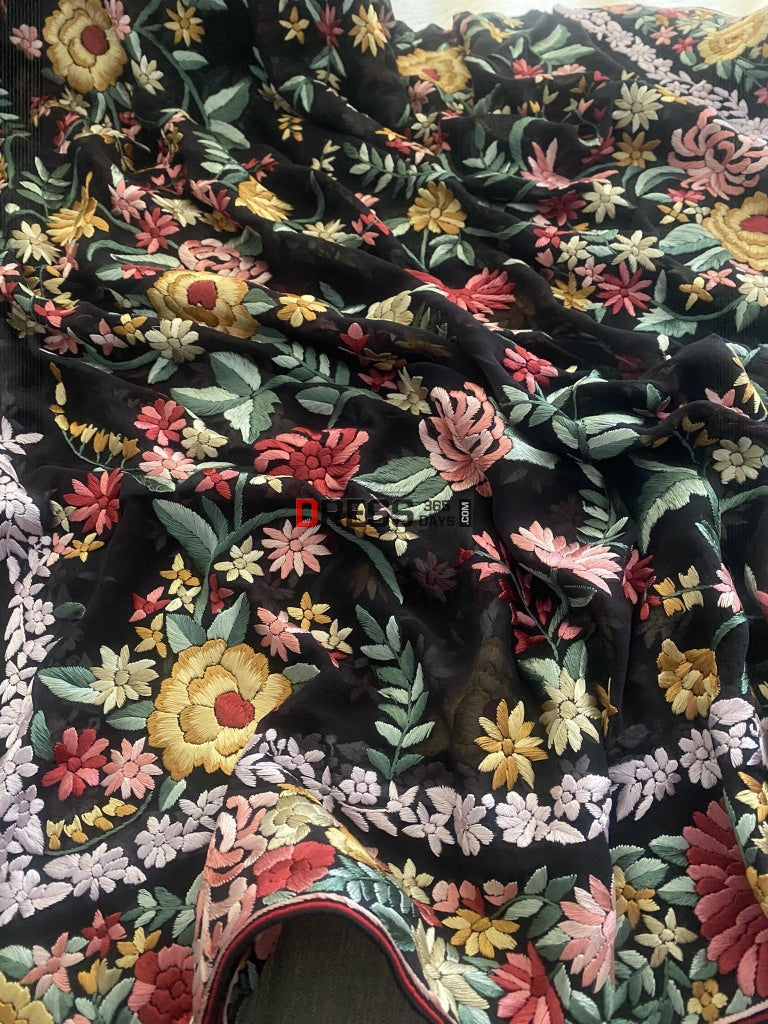 Black Floral Multicolour Parsi Gara Dupatta