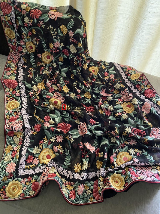 Black Floral Multicolour Parsi Gara Dupatta