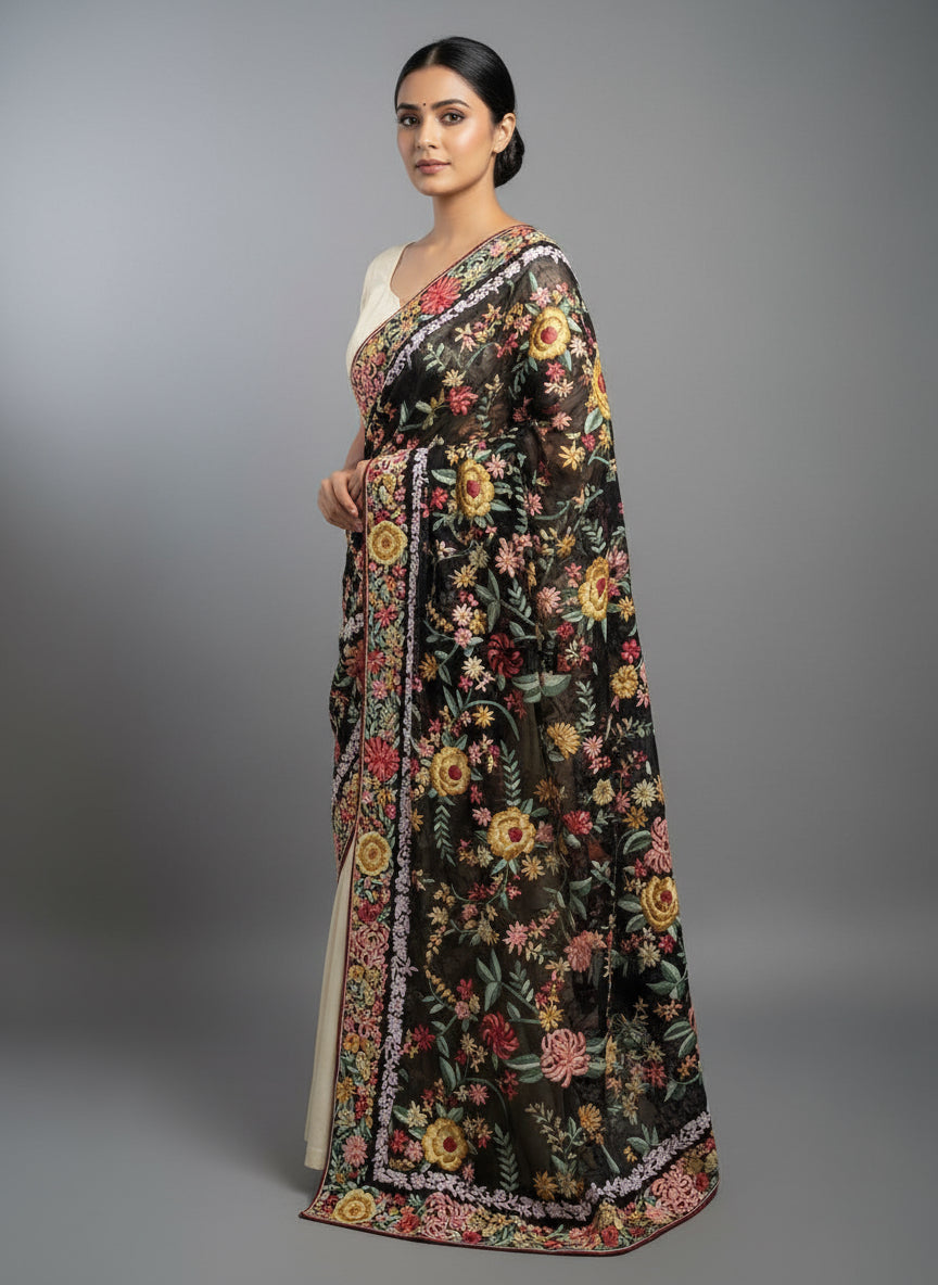 Pre Order Black Floral Multicolour Parsi Gara Dupatta