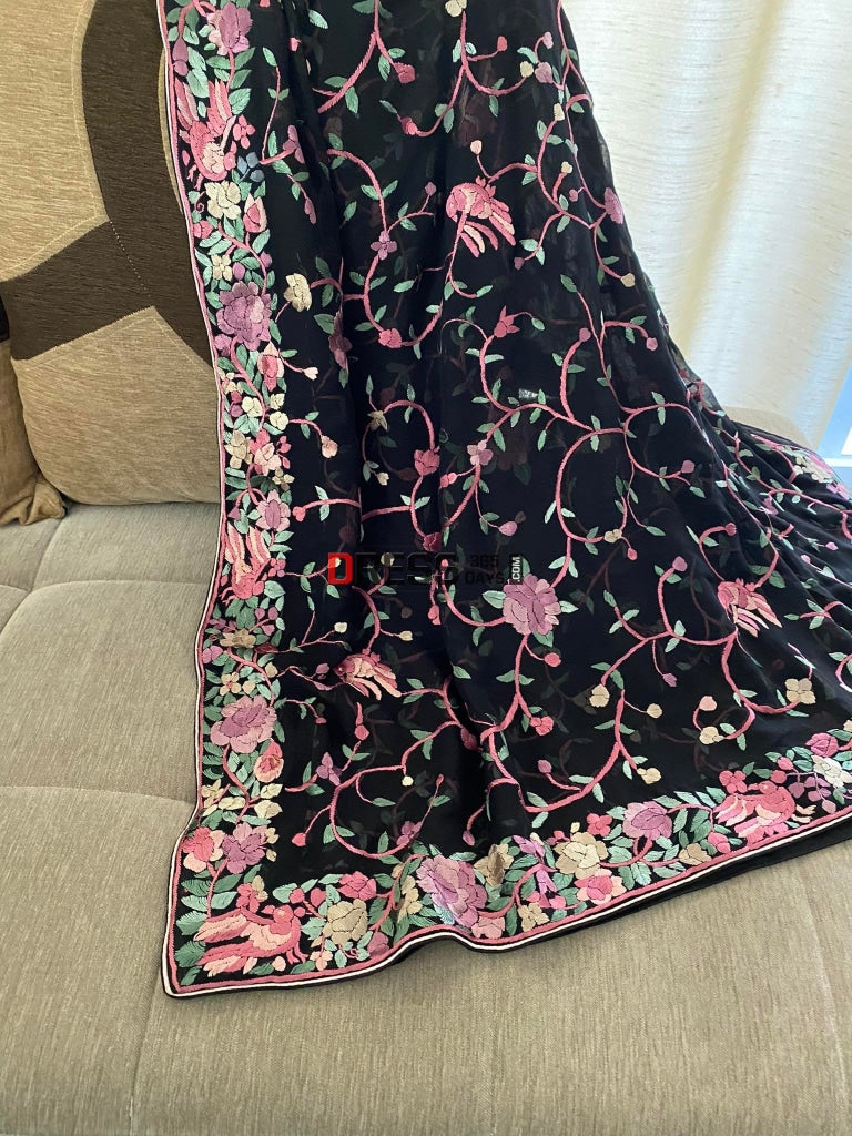 Black Floral Parsi Gara Hand Embroidered Dupatta