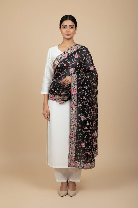 Pre Order Black Floral Parsi Gara Hand Embroidered Dupatta