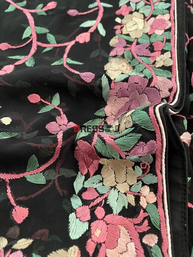 Black Floral Parsi Gara Hand Embroidered Dupatta