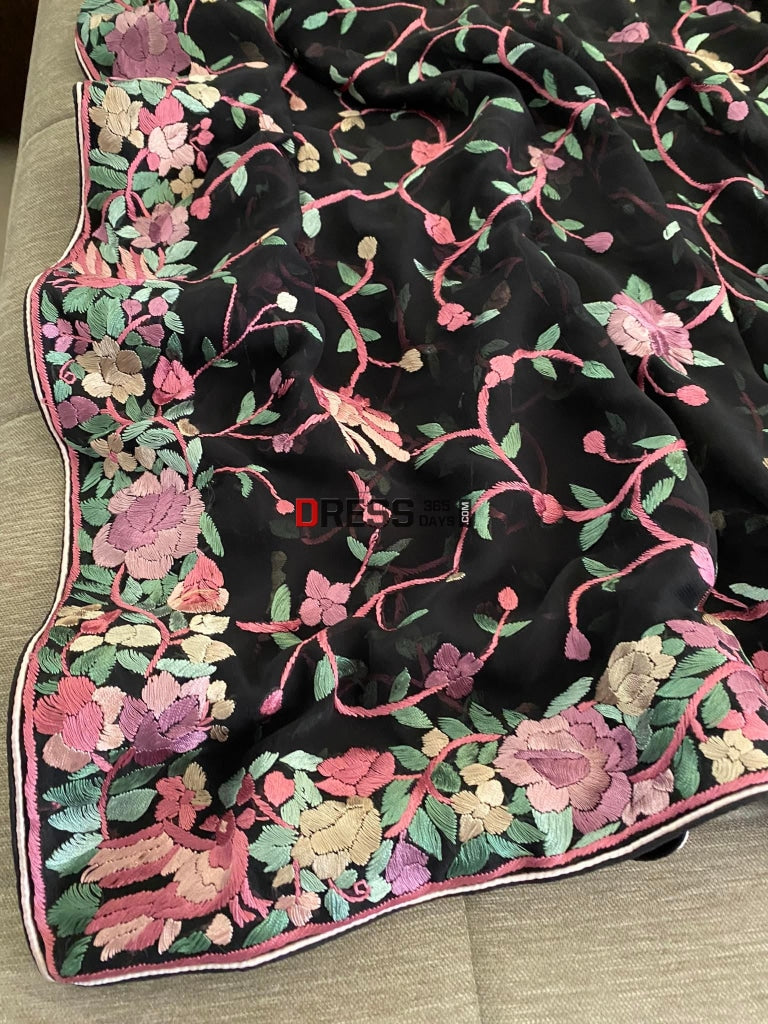 Black Floral Parsi Gara Hand Embroidered Dupatta
