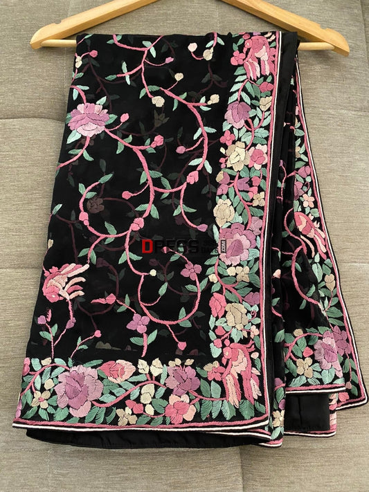 Black Floral Parsi Gara Hand Embroidered Dupatta