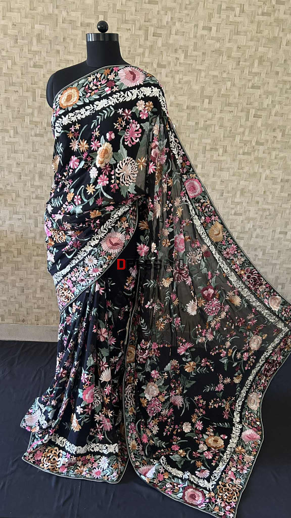 Black Floral Parsi Gara Saree Parsi Gara Saree