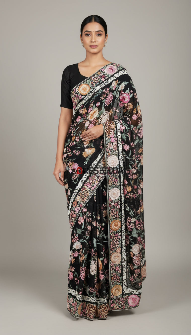 Black Floral Parsi Gara Saree