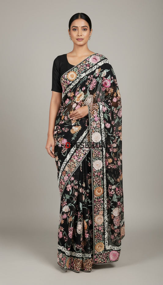 Black Floral Parsi Gara Saree