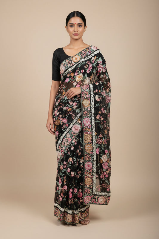 Black Floral Parsi Gara Saree