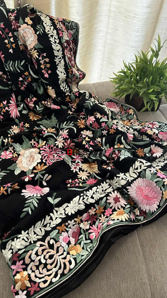 Black Floral Parsi Gara Saree Parsi Gara Saree
