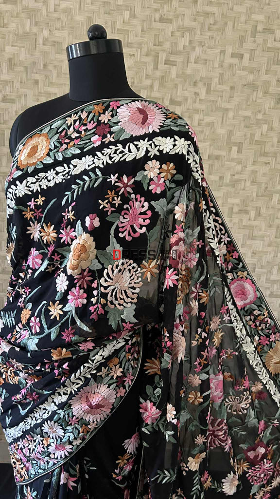 Black Floral Parsi Gara Saree Parsi Gara Saree