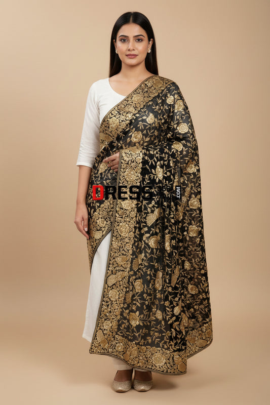 Pre Order Black Gold Designer Hand Embroidered Parsi Dupatta