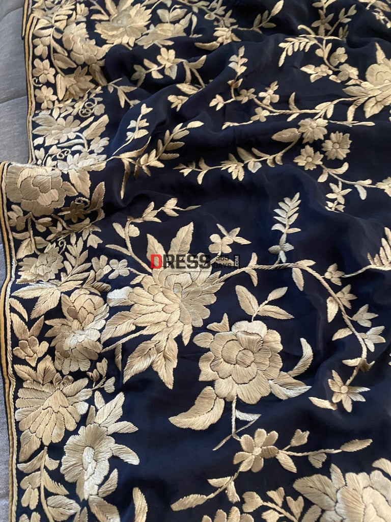 Black & Gold Parsi Gara Dupatta - Crepe Silk