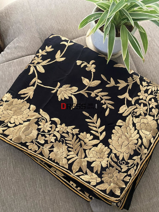 Black & Gold Parsi Gara Dupatta - Crepe Silk