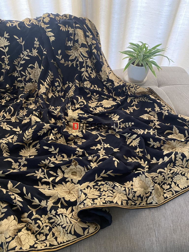 Black & Gold Parsi Gara Dupatta - Crepe Silk